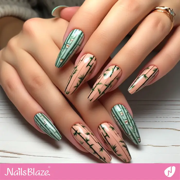 Peach Fuzz and Green Nails with Bamboo Design | Color of the Year 2024 - NB2140